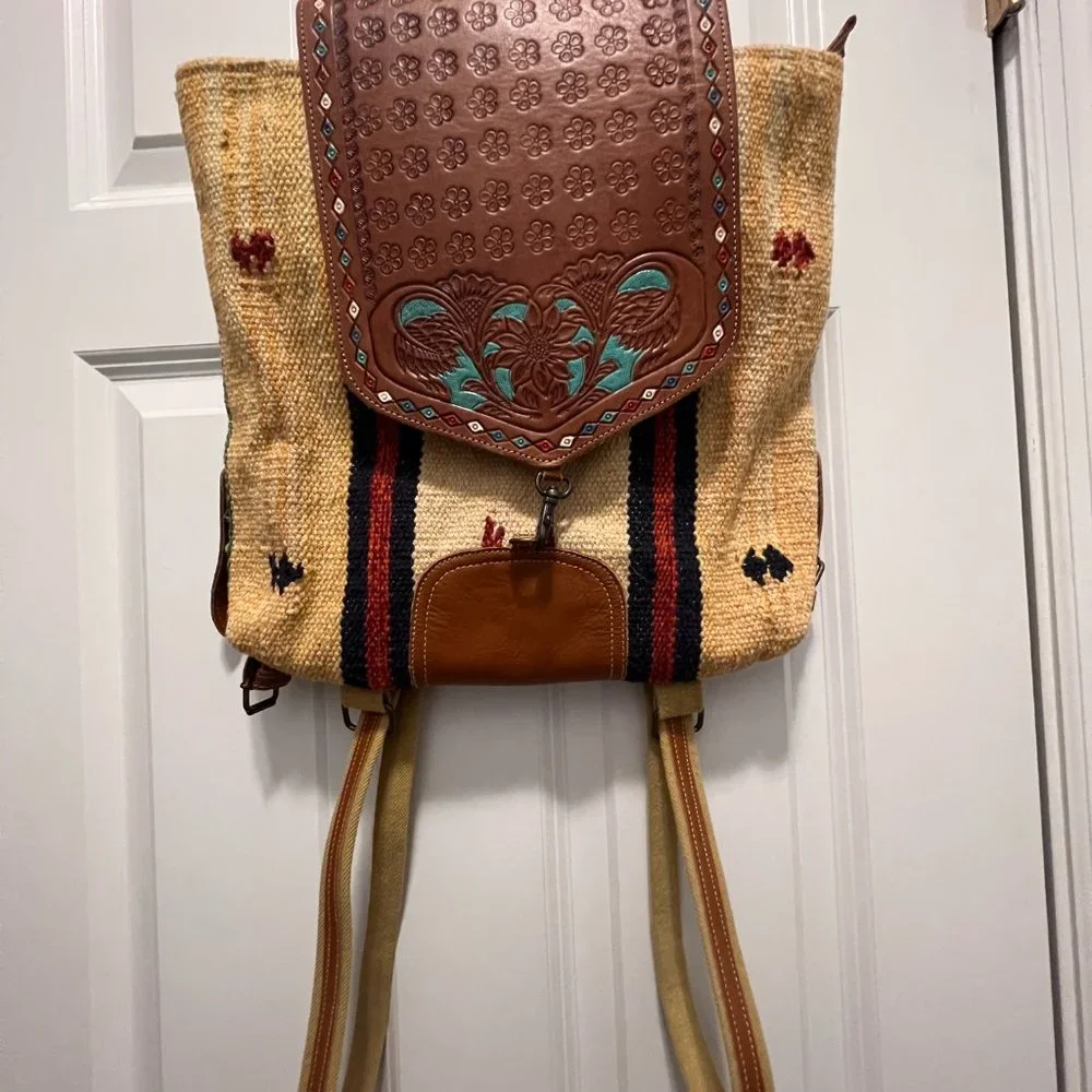 Boho western woven backpack tooled leather flap Aztec southwestern festival bag